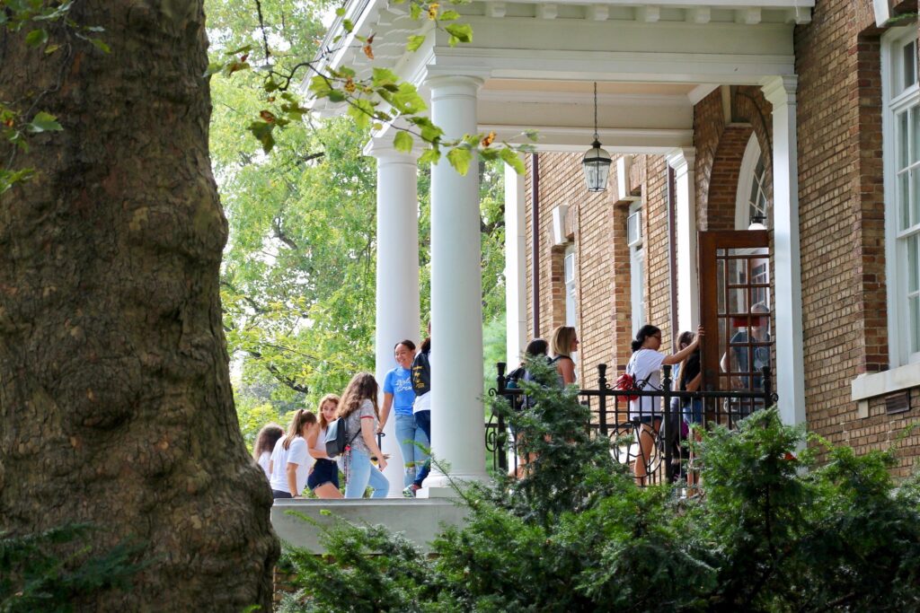 Cedar Crest Collge students walk up the steps of Blaney Hall