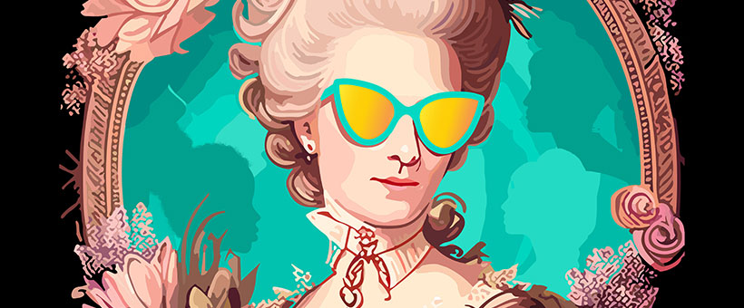 An illustration of a framed bust of Marie Antoinette wearing sunglasses.