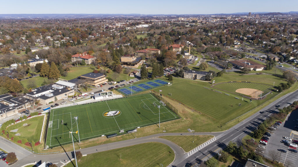 An aerial view of the FalconPlex Athletic center at Cedar Crest College