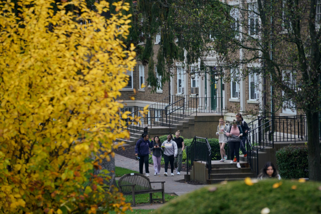 Students leaving Curtis Hall on Cedar Crest College's Campus