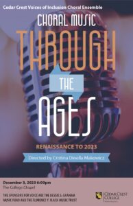 Photo of a microphone with the text "Through the Ages Renaissance to 2023 directed by Cristina Dinella Makowicz" 