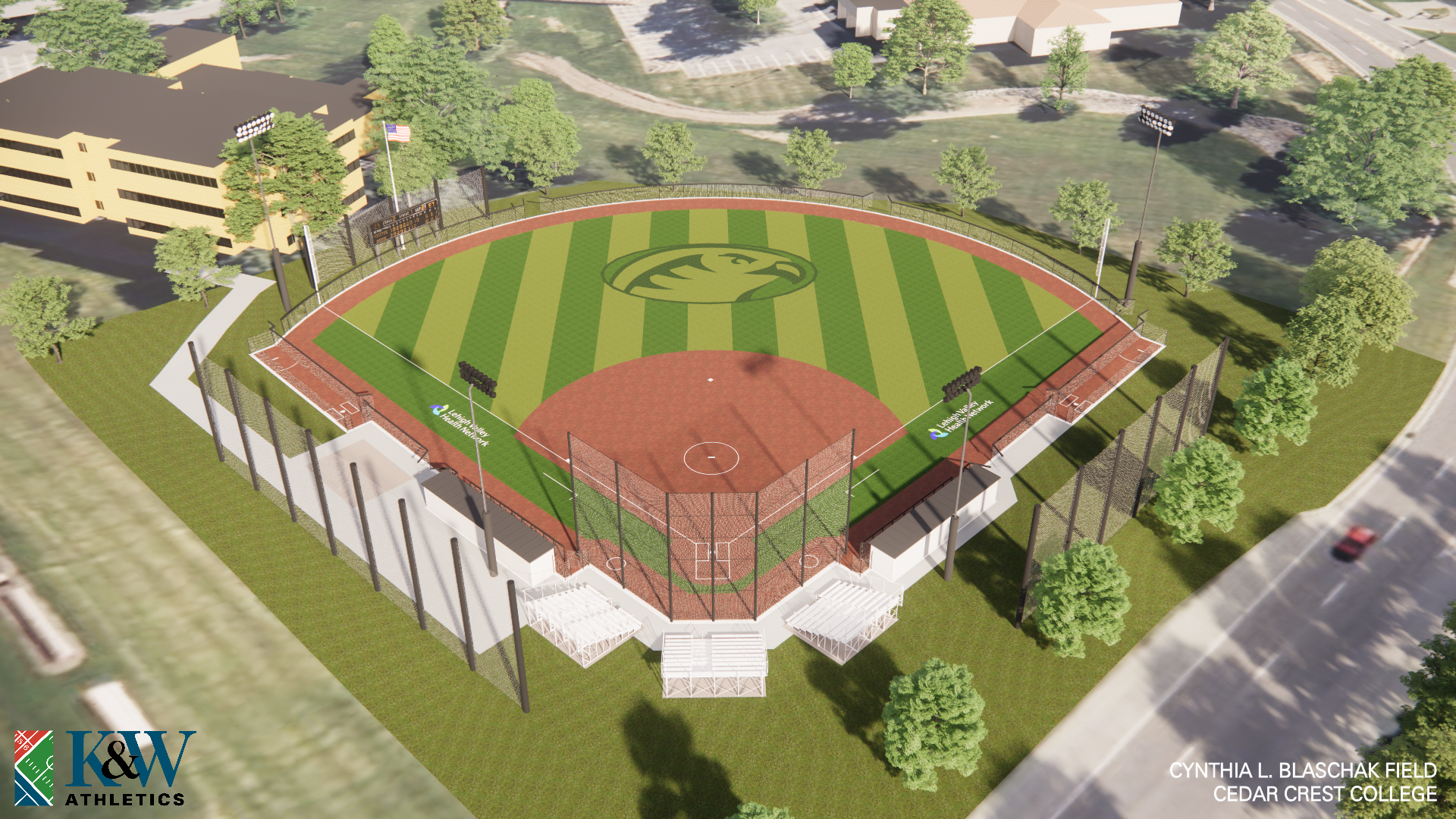 a computer rendering of a softball field with the cedar crest falcons logo in the center of the outfield