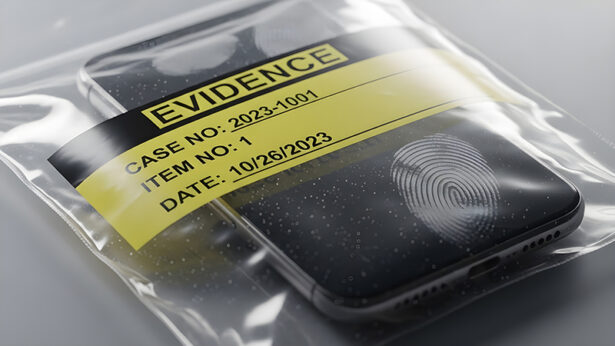 Cell phone with fingerprint evidence in a sealed evidence bag.